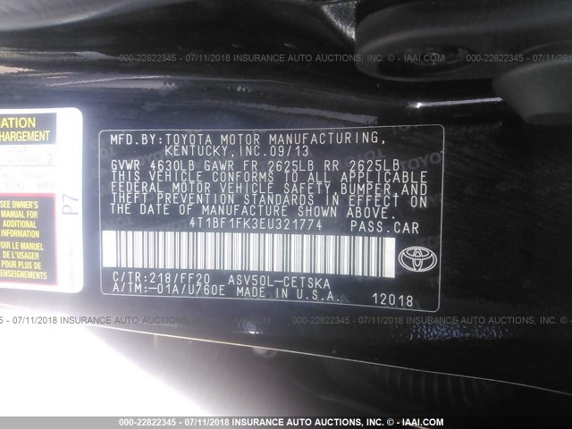 4T1BF1FK3EU321774 - 2014 TOYOTA CAMRY L/SE/LE/XLE 黑色 照片 9