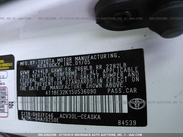 4T1BE32K15U536090 - 2005 TOYOTA CAMRY LE/XLE/SE Ağ foto 9