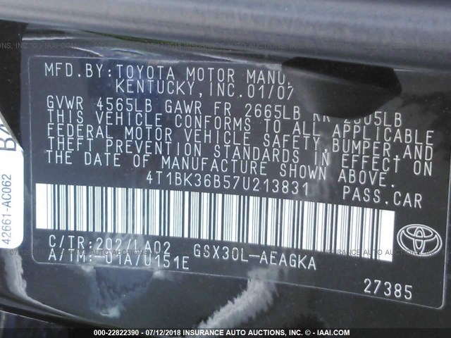 4T1BK36B57U213831 - 2007 TOYOTA AVALON XL/XLS/TOURING/LIMITED BLACK photo 9