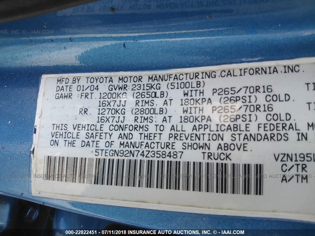 5TEGN92N74Z358487 - 2004 TOYOTA TACOMA DOUBLE CAB PRERUNNER BLUE photo 9