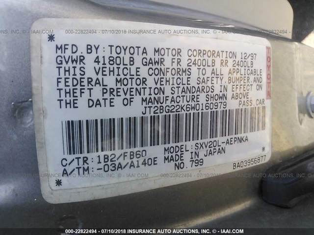 JT2BG22K6W0160979 - 1998 TOYOTA CAMRY CE/LE/XLE 灰色 照片 9