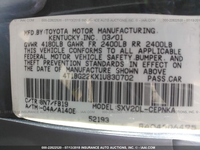 4T1BG22KX1U830702 - 2001 TOYOTA CAMRY CE/LE/XLE 绿色 照片 9