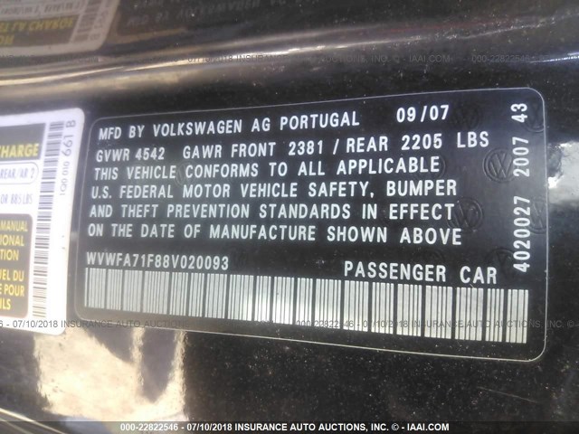 WVWFA71F88V020093 - 2008 VOLKSWAGEN EOS LUX 黑色 照片 9