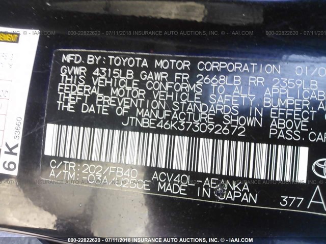 JTNBE46K373092672 - 2007 TOYOTA CAMRY NEW GENERAT CE/LE/XLE/SE BLACK photo 9