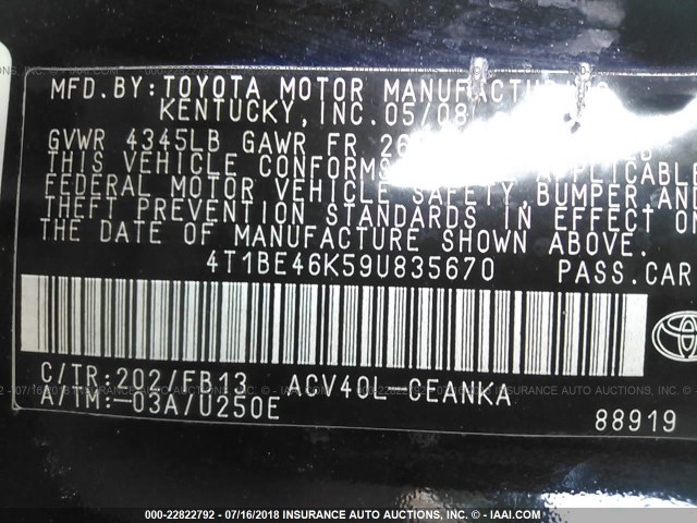 4T1BE46K59U835670 - 2009 TOYOTA CAMRY SE/LE/XLE შავი ფოტო 9