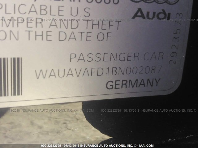 WAUAVAFD1BN002087 - 2011 AUDI A8 QUATTRO BLACK photo 9