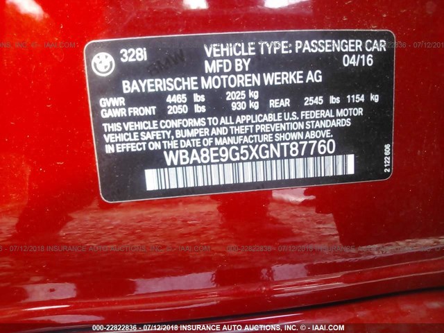 WBA8E9G5XGNT87760 - 2016 BMW 328 I SULEV RED photo 9