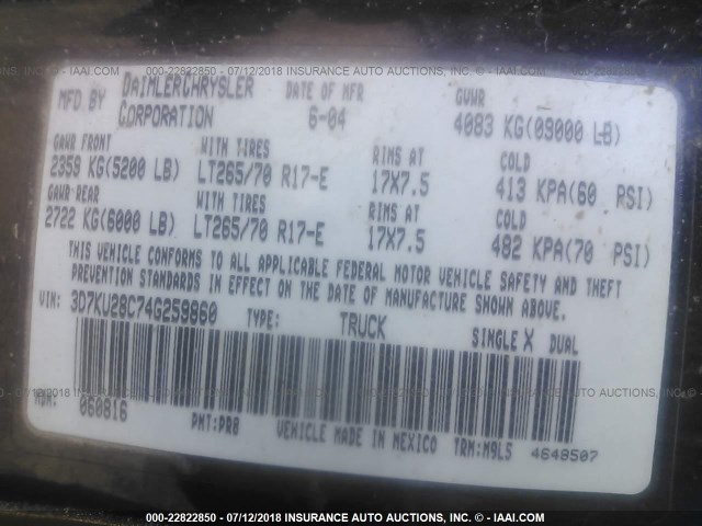3D7KU28C74G259860 - 2004 DODGE RAM 2500 ST/SLT 紫色 照片 9