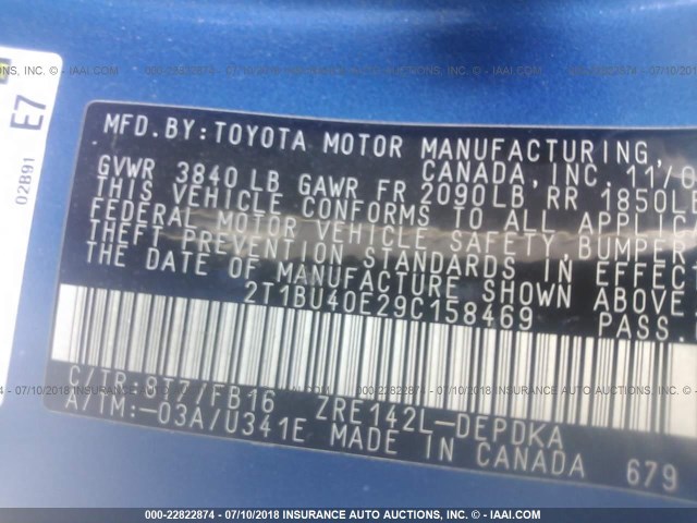 2T1BU40E29C158469 - 2009 TOYOTA COROLLA S/LE/XLE BLUE photo 9