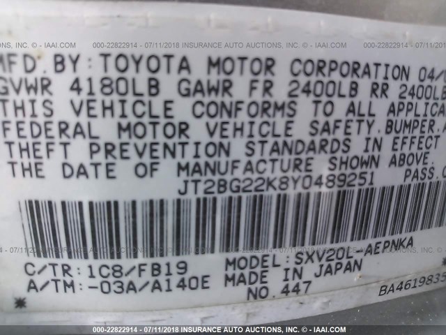 JT2BG22K8Y0489251 - 2000 TOYOTA CAMRY CE/LE/XLE SILVER photo 9