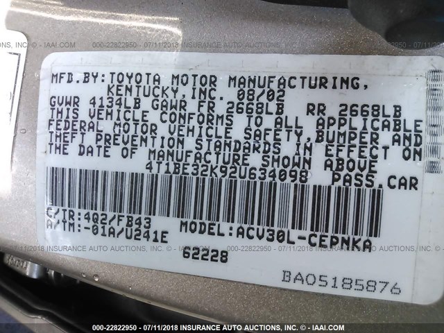 4T1BE32K92U634098 - 2002 TOYOTA CAMRY LE/XLE/SE 棕色 照片 9