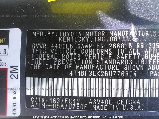 4T1BF3EK2BU776804 - 2011 TOYOTA CAMRY SE/LE/XLE GRAY photo 9