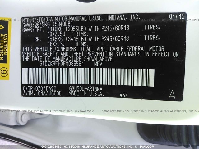 5TDZKRFH0FS085561 - 2015 TOYOTA HIGHLANDER LE/LE PLUS WHITE photo 9