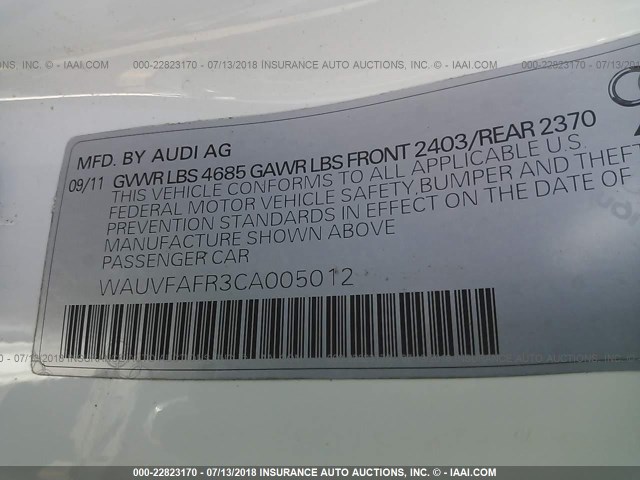 WAUVFAFR3CA005012 - 2012 AUDI A5 PRESTIGE WHITE photo 9