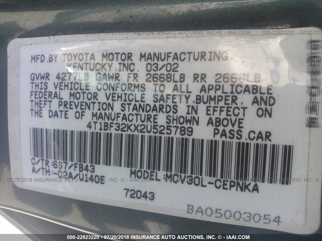 4T1BF32KX2U525789 - 2002 TOYOTA CAMRY LE/XLE/SE 绿色 照片 9