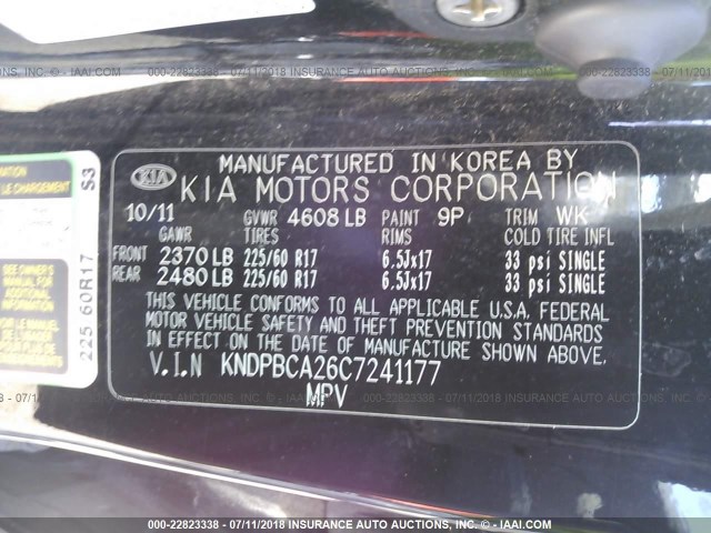 KNDPBCA26C7241177 - 2012 KIA SPORTAGE LX BLACK photo 9