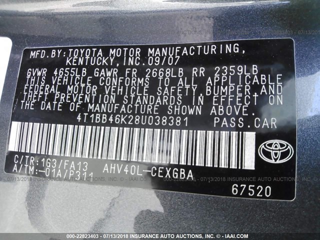 4T1BB46K28U038381 - 2008 TOYOTA CAMRY HYBRID GRAY photo 9