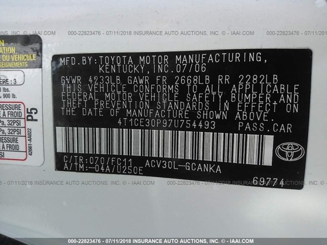 4T1CE30P97U754493 - 2007 TOYOTA CAMRY SOLARA SE/SLE 白色 照片 9