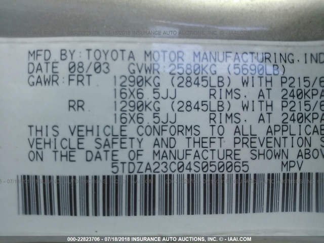 5TDZA23C04S050065 - 2004 TOYOTA SIENNA CE/LE GOLD photo 9