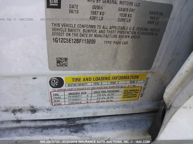 1G1ZC5E12BF113809 - 2011 CHEVROLET MALIBU 1LT 白色 照片 9