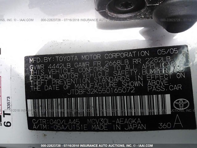 JTDBF32K550165072 - 2005 TOYOTA CAMRY LE/XLE/SE Ağ foto 9