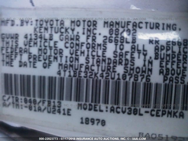 4T1BE32K42U107876 - 2002 TOYOTA CAMRY LE/XLE/SE Ağ foto 9