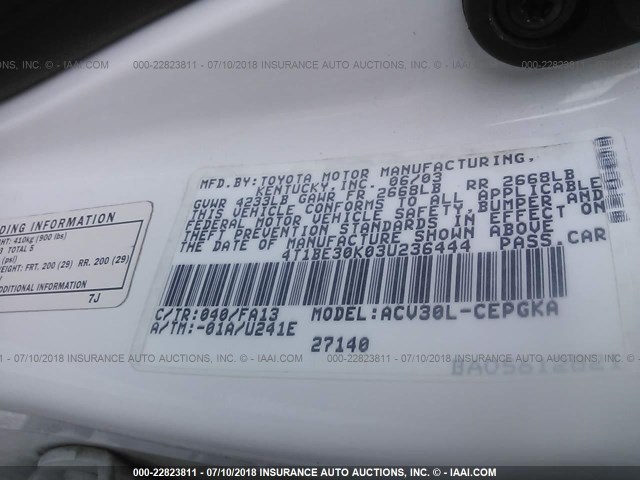 4T1BE30K03U236444 - 2003 TOYOTA CAMRY LE/XLE/SE 白色 照片 9