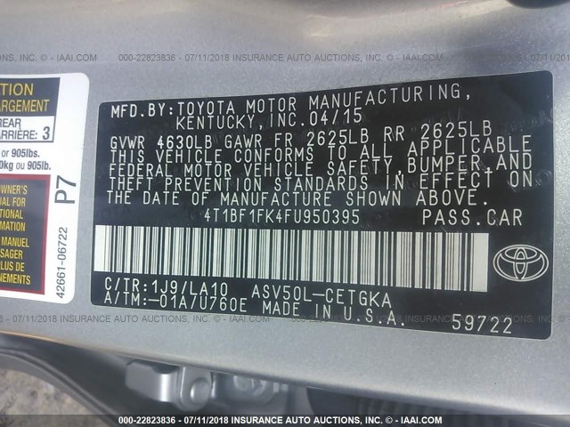4T1BF1FK4FU950395 - 2015 TOYOTA CAMRY LE/XLE/SE/XSE SILVER photo 9