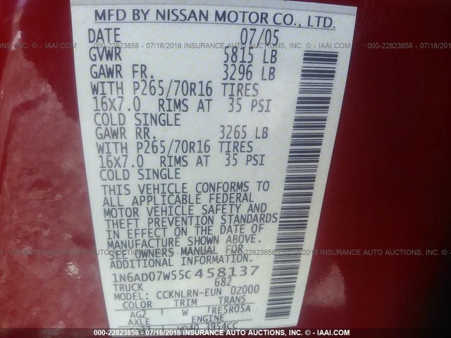 1N6AD07W55C458137 - 2005 NISSAN FRONTIER CREW CAB LE/SE/OFF ROAD RED photo 9