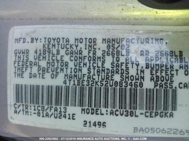 4T1BE32K52U083460 - 2002 TOYOTA CAMRY LE/XLE/SE 银色 照片 9