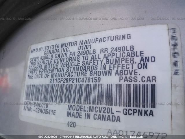 2T1CF28P21C478159 - 2001 TOYOTA CAMRY SOLARA SE/SLE Gümüş foto 9