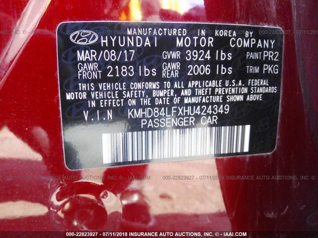 KMHD84LFXHU424349 - 2017 HYUNDAI ELANTRA SE/VALUE/LIMITED RED photo 9