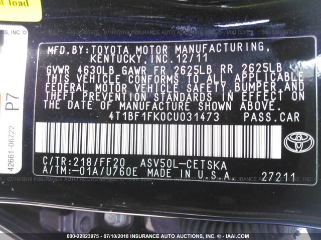 4T1BF1FK0CU031473 - 2012 TOYOTA CAMRY SE/LE/XLE შავი ფოტო 9