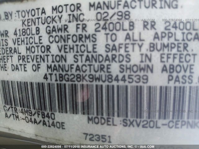 4T1BG28K9WU844539 - 1998 TOYOTA CAMRY CE/LE/XLE ოქროსფერი ფოტო 9