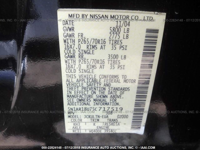 5N1AR18U75C717519 - 2005 NISSAN PATHFINDER LE/SE/XE BLACK photo 9