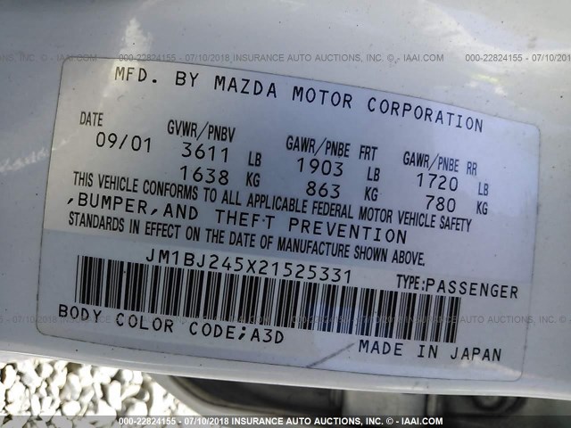 JM1BJ245X21525331 - 2002 MAZDA PROTEGE PR5 白色 照片 9