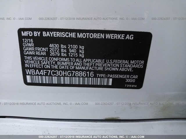 WBA4F7C30HG788616 - 2017 BMW 430I GRAN COUPE WHITE photo 9