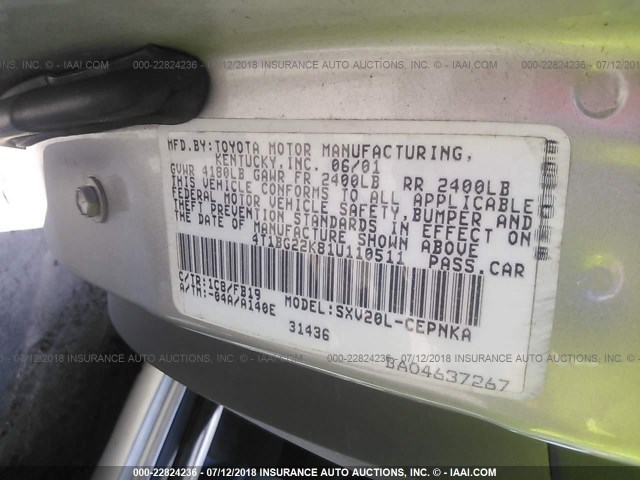 4T1BG22K81U110511 - 2001 TOYOTA CAMRY CE/LE/XLE 灰色 照片 9