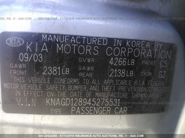 KNAGD128945275531 - 2004 KIA OPTIMA LX/EX Gümüş fotoğraf 9