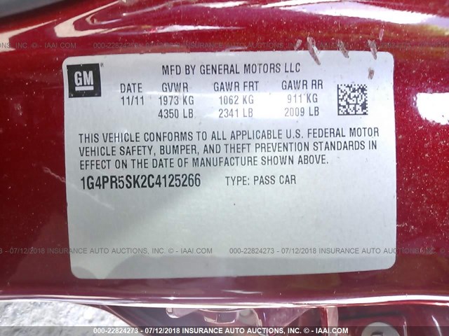 1G4PR5SK2C4125266 - 2012 BUICK VERANO CONVENIENCE RED photo 9