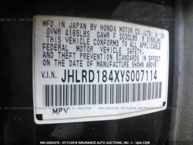 JHLRD184XYS007114 - 2000 HONDA CR-V LX BLACK photo 9