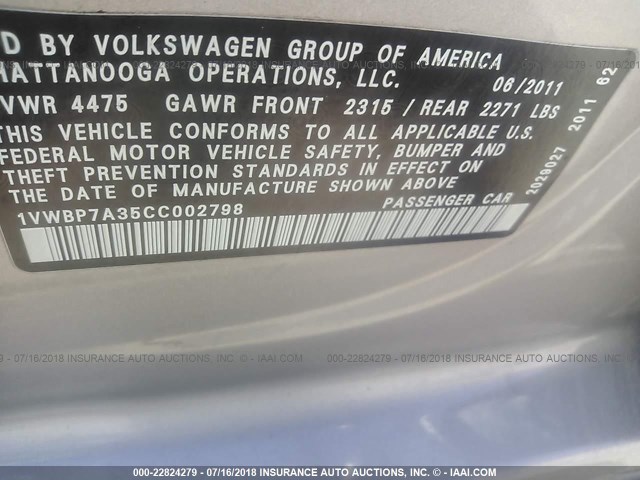 1VWBP7A35CC002798 - 2012 VOLKSWAGEN PASSAT SE SILVER photo 9