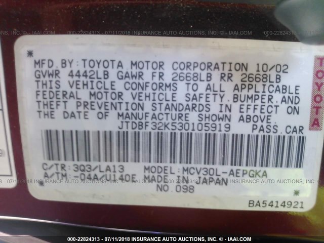 JTDBF32K530105919 - 2003 TOYOTA CAMRY LE/XLE RED photo 9