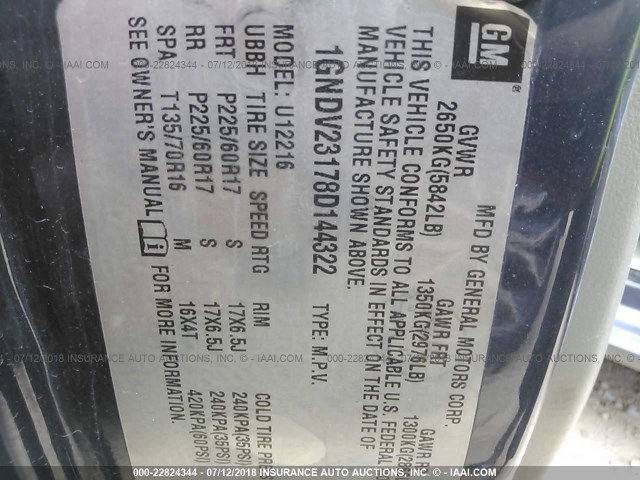 1GNDV23178D144322 - 2008 CHEVROLET UPLANDER LS BLUE photo 9