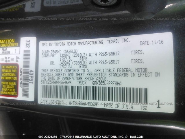 5TFCZ5AN0HX064696 - 2017 TOYOTA TACOMA DBL CAB/SR/TRDSPT/OR/PRO ნაცრისფერი ფოტო 9