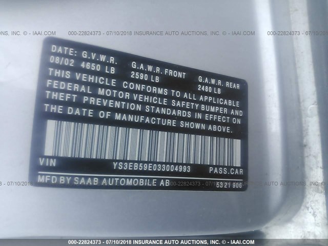 YS3EB59E033004993 - 2003 SAAB 9-5 LINEAR SILVER photo 9