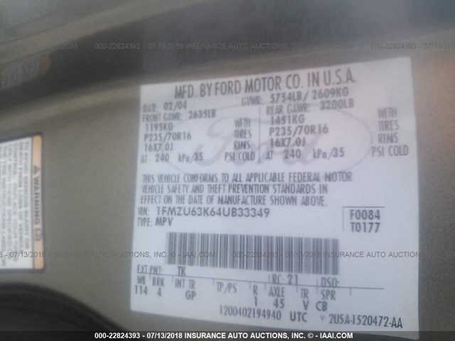 1FMZU63K64UB33349 - 2004 FORD EXPLORER XLT/XLT SPORT/NBX 棕色 照片 9