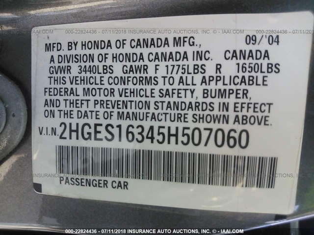 2HGES16345H507060 - 2005 HONDA CIVIC DX VP ნაცრისფერი ფოტო 9