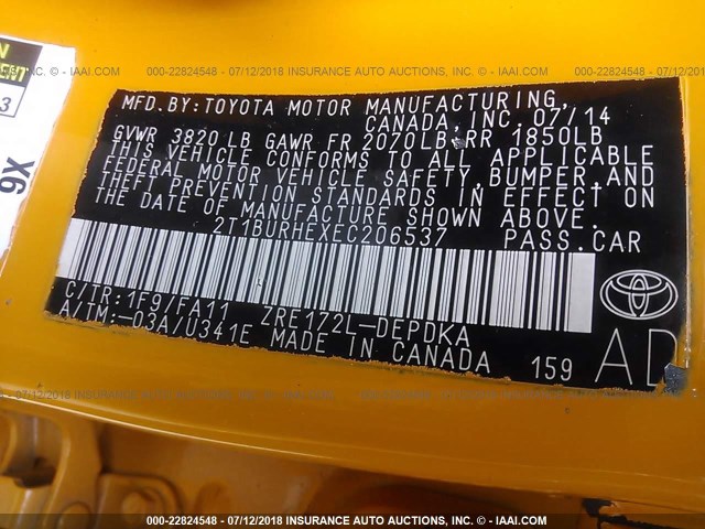 2T1BURHEXEC206537 - 2014 TOYOTA COROLLA L/LE/LE PLS/PRM/S/S PLS YELLOW photo 9