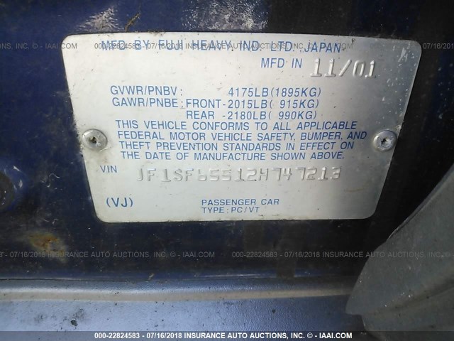 JF1SF65512H747213 - 2002 SUBARU FORESTER S BLUE photo 9